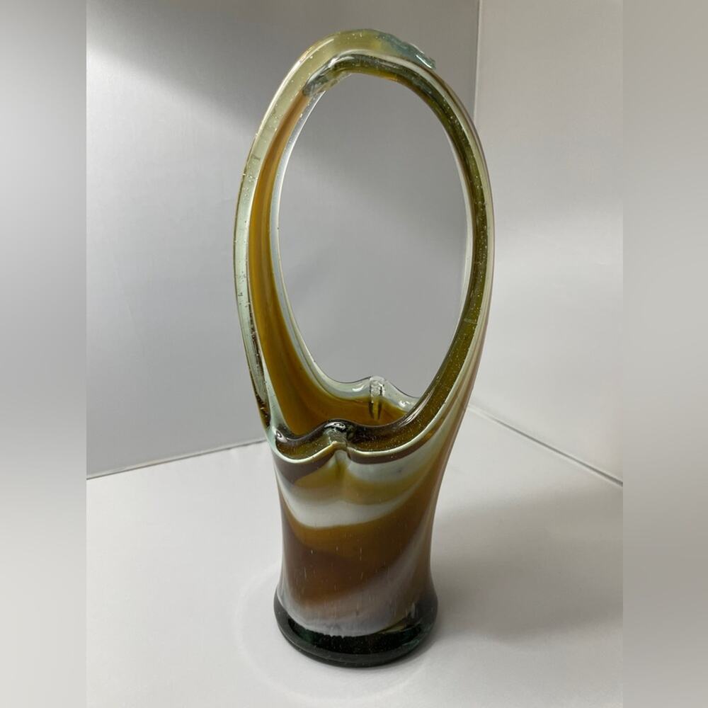 Hand Blown Stretch Art Glass‎ Basket Vase MCM Amber Brown 11"
